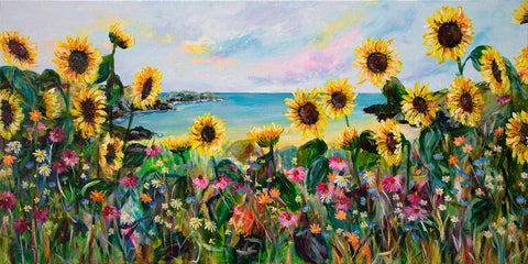 140x70cm Original painting on canvas - Coastal Sunflowers