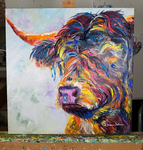 HAND EMBELLISHED Canvas Print of Fergus Highland 40x40cm