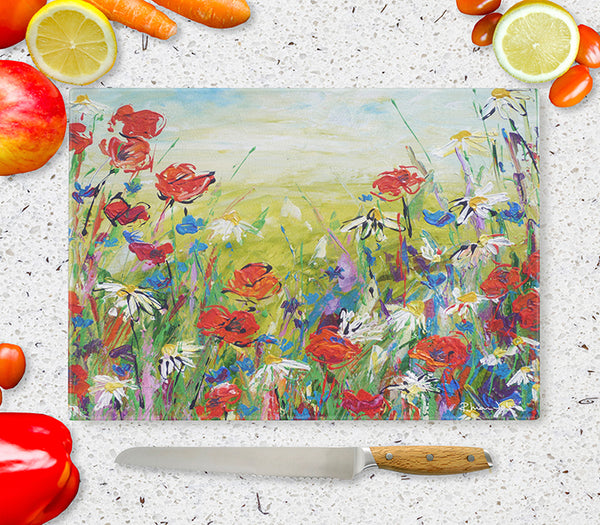 Glass Chopping Board of 'Poppies and Daisies'