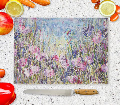 Glass Chopping Board of 'Pink Meadow'