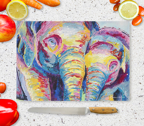 Glass Chopping Board of 'Elephants Together'